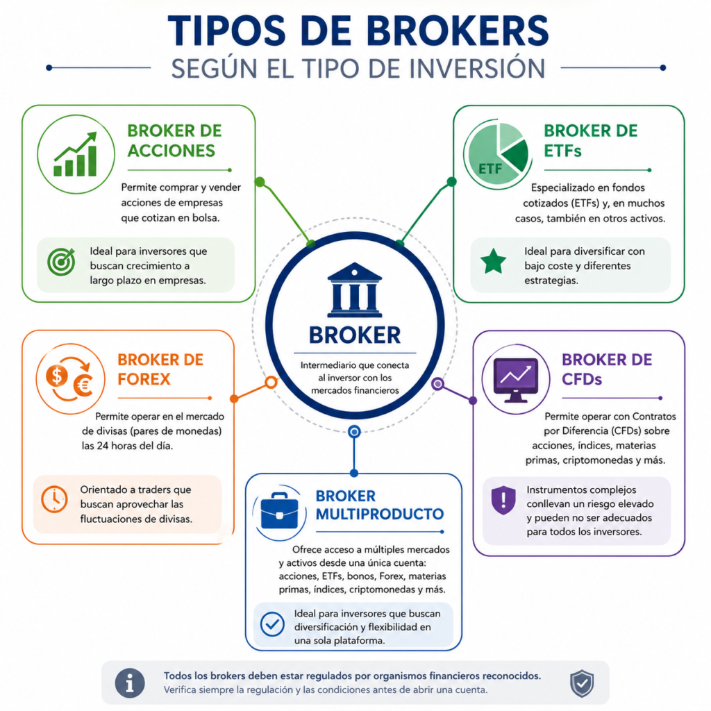 Diagrama con los principales tipos de brokers y los mercados financieros en los que permiten invertir.
