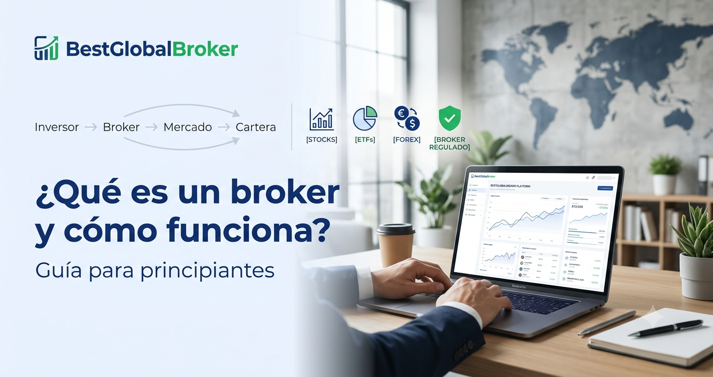 ¿Qué es un broker y cómo funciona?". La imagen muestra a un inversor en su portátil con gráficos financieros, un mapa del mundo al fondo y diagramas explicativos sobre el flujo de inversión y tipos de activos.